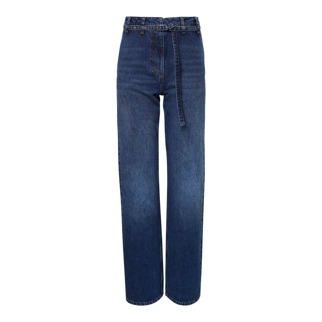 Dries Van Noten straight leg belted jeans in mid-blue denim wash, shown flat with integrated self-fabric belt and high-rise waist