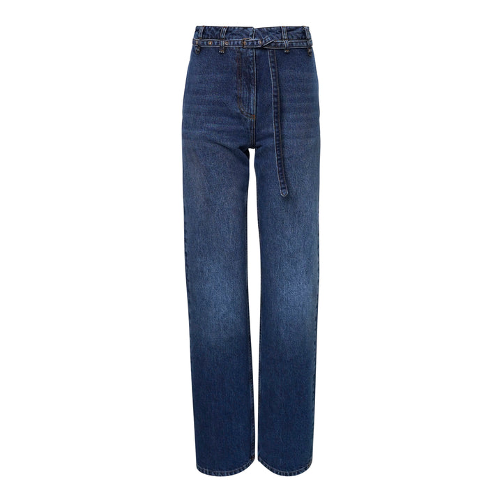 Dries Van Noten straight leg belted jeans in mid-blue denim wash, shown flat with integrated self-fabric belt and high-rise waist