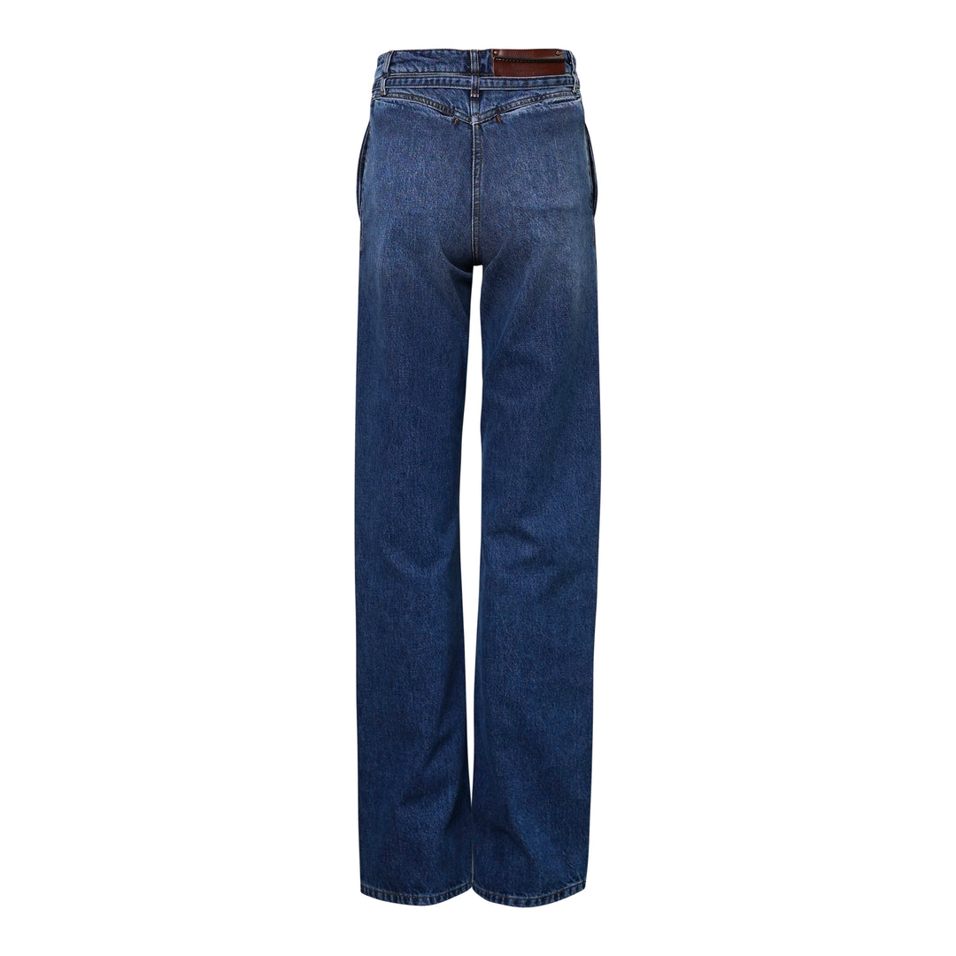 Dries Van Noten straight leg belted jeans in mid-blue denim wash, shown flat with integrated self-fabric belt and high-rise waist - view 2