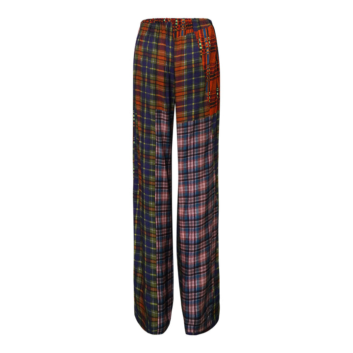 Dries Van Noten patchwork plaid straight-leg trousers featuring mixed tartan and check panels in red, navy, and green tones with an elasticated drawstring waist - view 2