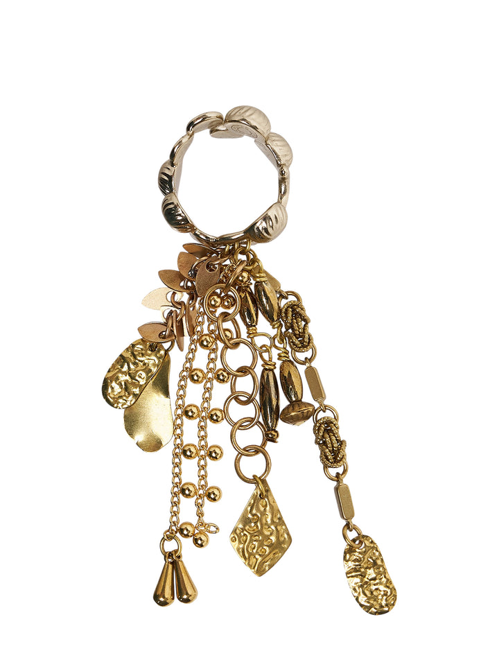 Dries Van Noten gold-tone ring with scalloped band and cascading tassel of hammered charms, chains and beads