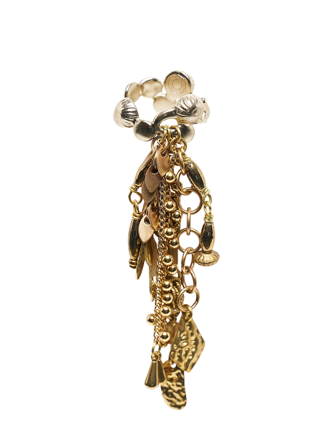 Dries Van Noten gold-tone ring with scalloped band and cascading tassel of hammered charms, chains and beads - view 2