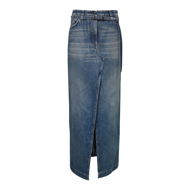 Dries Van Noten straight floor-length mid-blue washed denim skirt with front slit, belted high waist, and five-pocket construction, on a white background