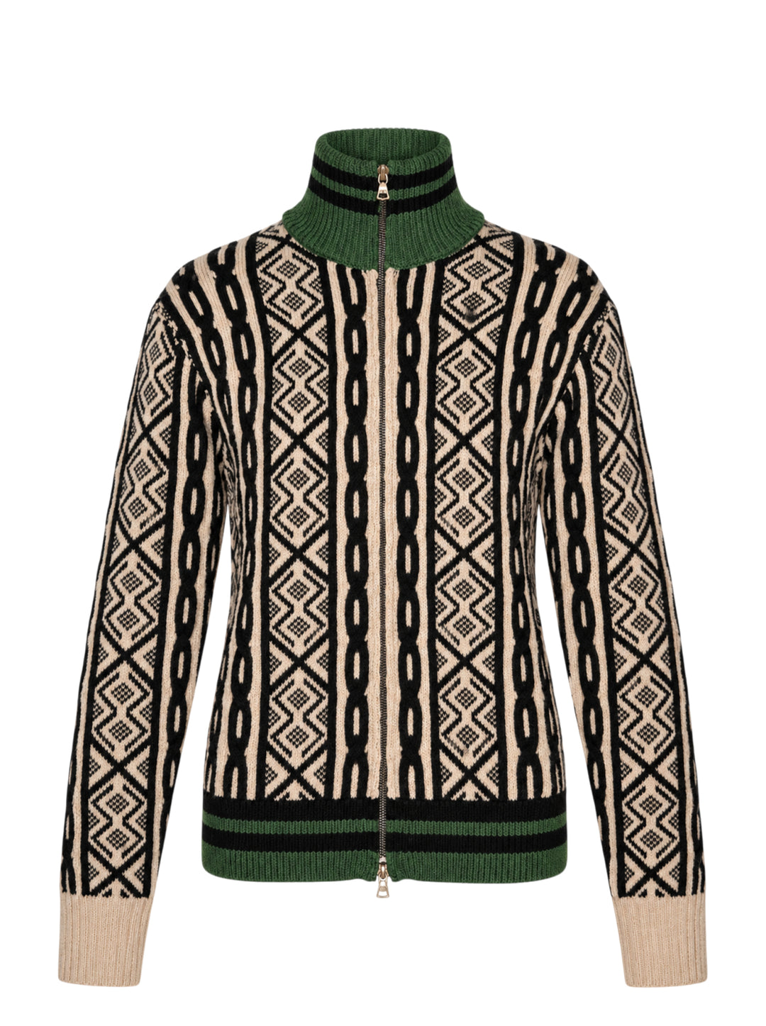 Dries Van Noten zip-front cardigan with cream and black cable and geometric jacquard knit, green striped ribbed high neck and hem