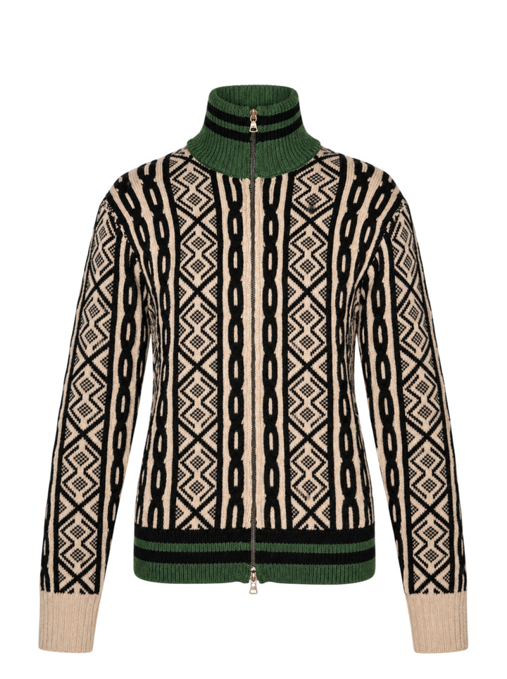 Dries Van Noten zip-front cardigan with cream and black cable and geometric jacquard knit, green striped ribbed high neck and hem