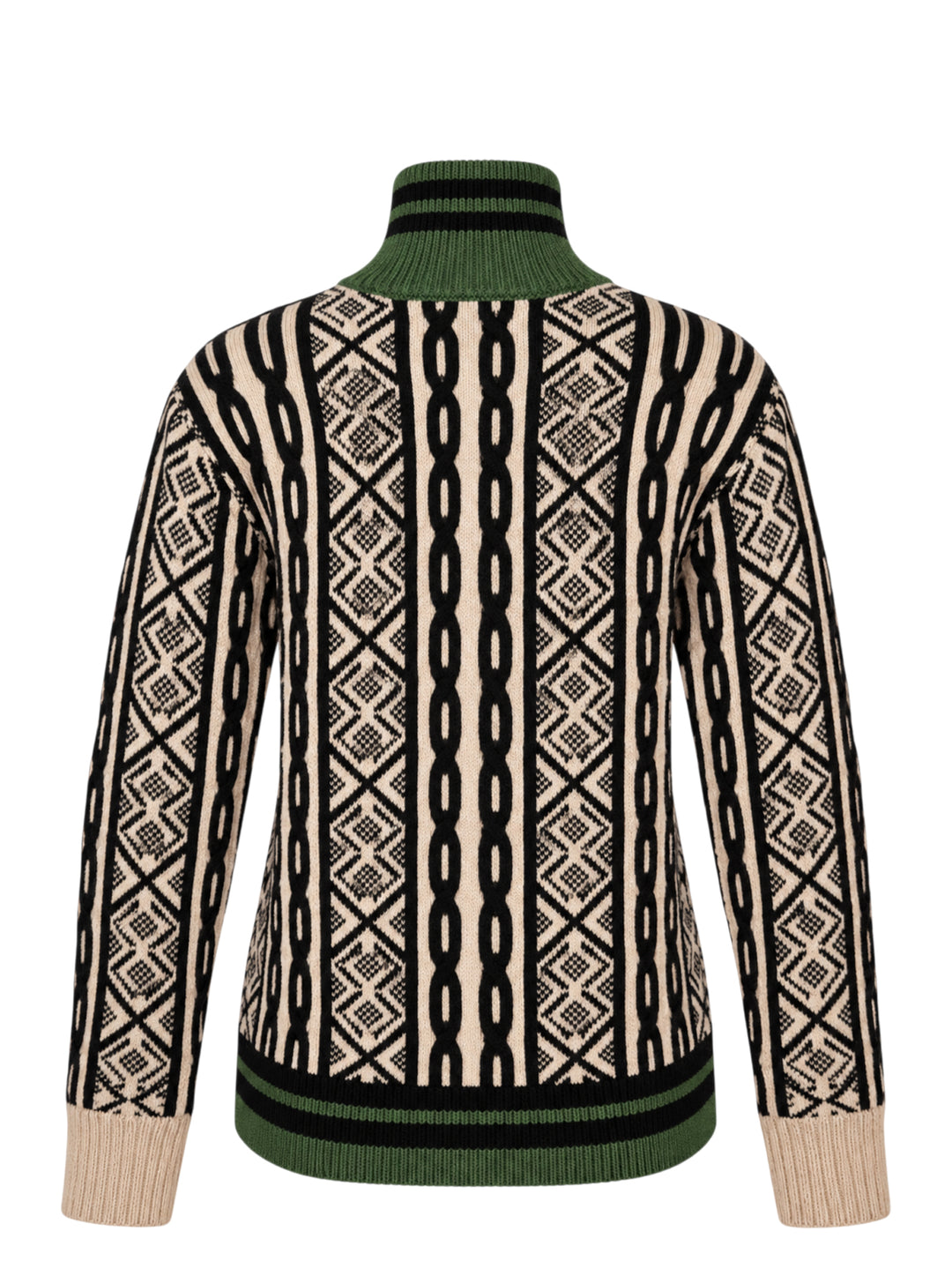 Dries Van Noten zip-front cardigan with cream and black cable and geometric jacquard knit, green striped ribbed high neck and hem - view 2