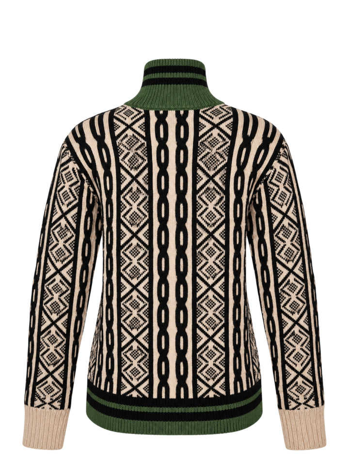 Dries Van Noten zip-front cardigan with cream and black cable and geometric jacquard knit, green striped ribbed high neck and hem - view 2