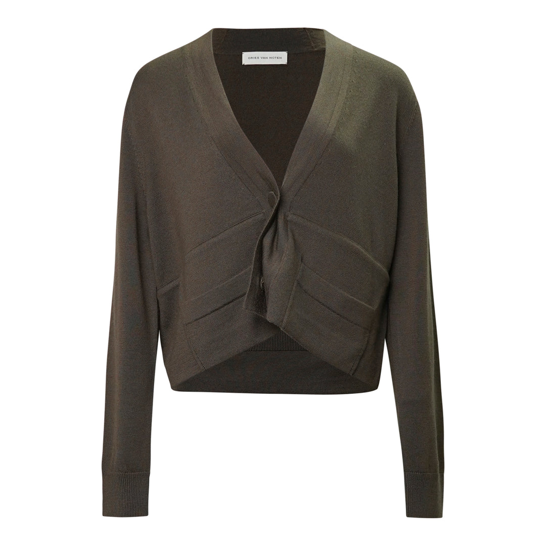 Dries Van Noten Back Tie Cardigan in olive brown, featuring draped overlapping front panels, a single-button fastening with tassel, and a cropped fine-gauge knit silhouette