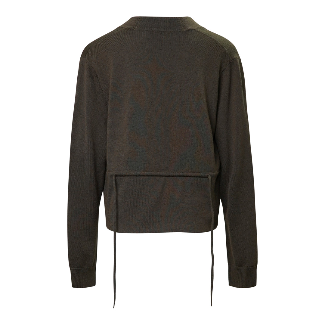 Dries Van Noten Back Tie Cardigan in olive brown, featuring draped overlapping front panels, a single-button fastening with tassel, and a cropped fine-gauge knit silhouette - view 2