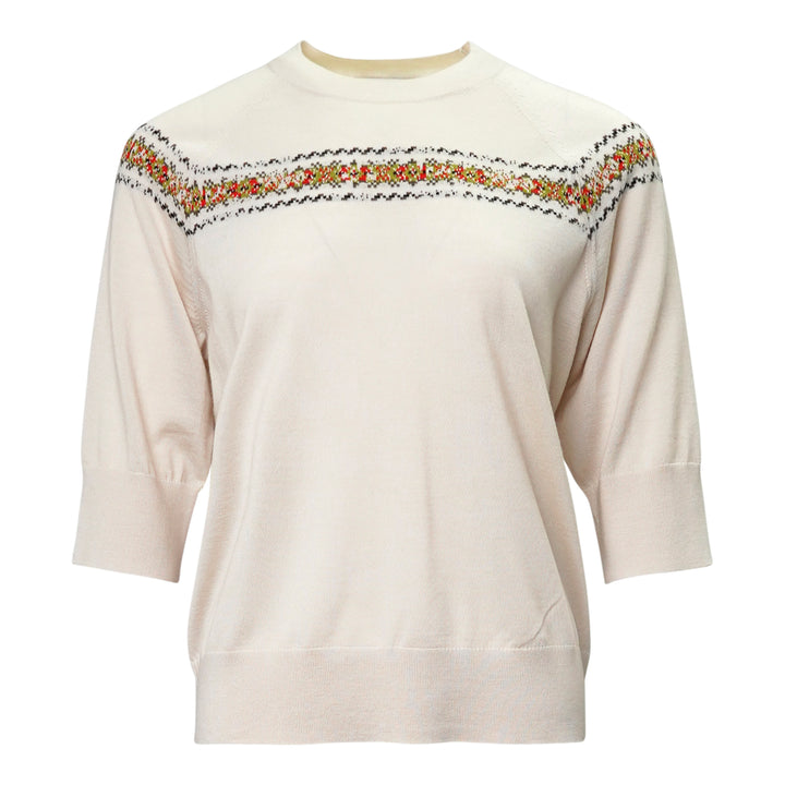 Dries Van Noten cream knit top with three-quarter sleeves, mock neck, and a multicolour Fair Isle jacquard yoke band featuring red, green, and black floral motifs