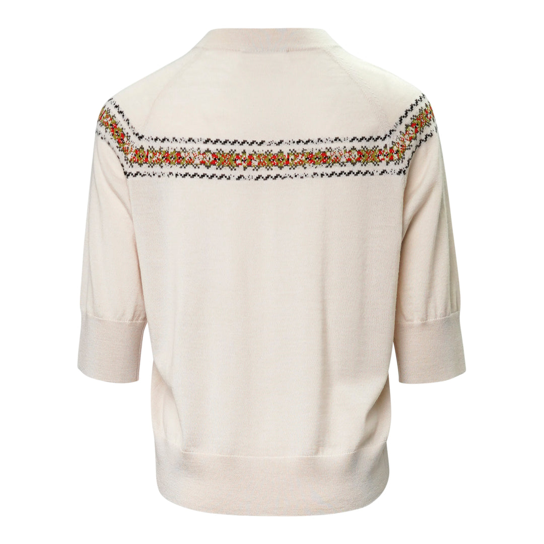 Dries Van Noten cream knit top with three-quarter sleeves, mock neck, and a multicolour Fair Isle jacquard yoke band featuring red, green, and black floral motifs - view 2