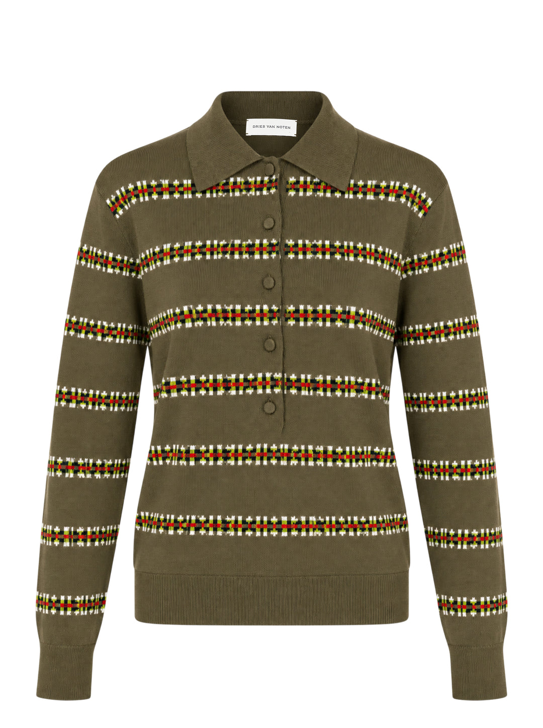 Dries Van Noten olive green long sleeve knit polo with multicolour jacquard stripes and fabric-covered buttons