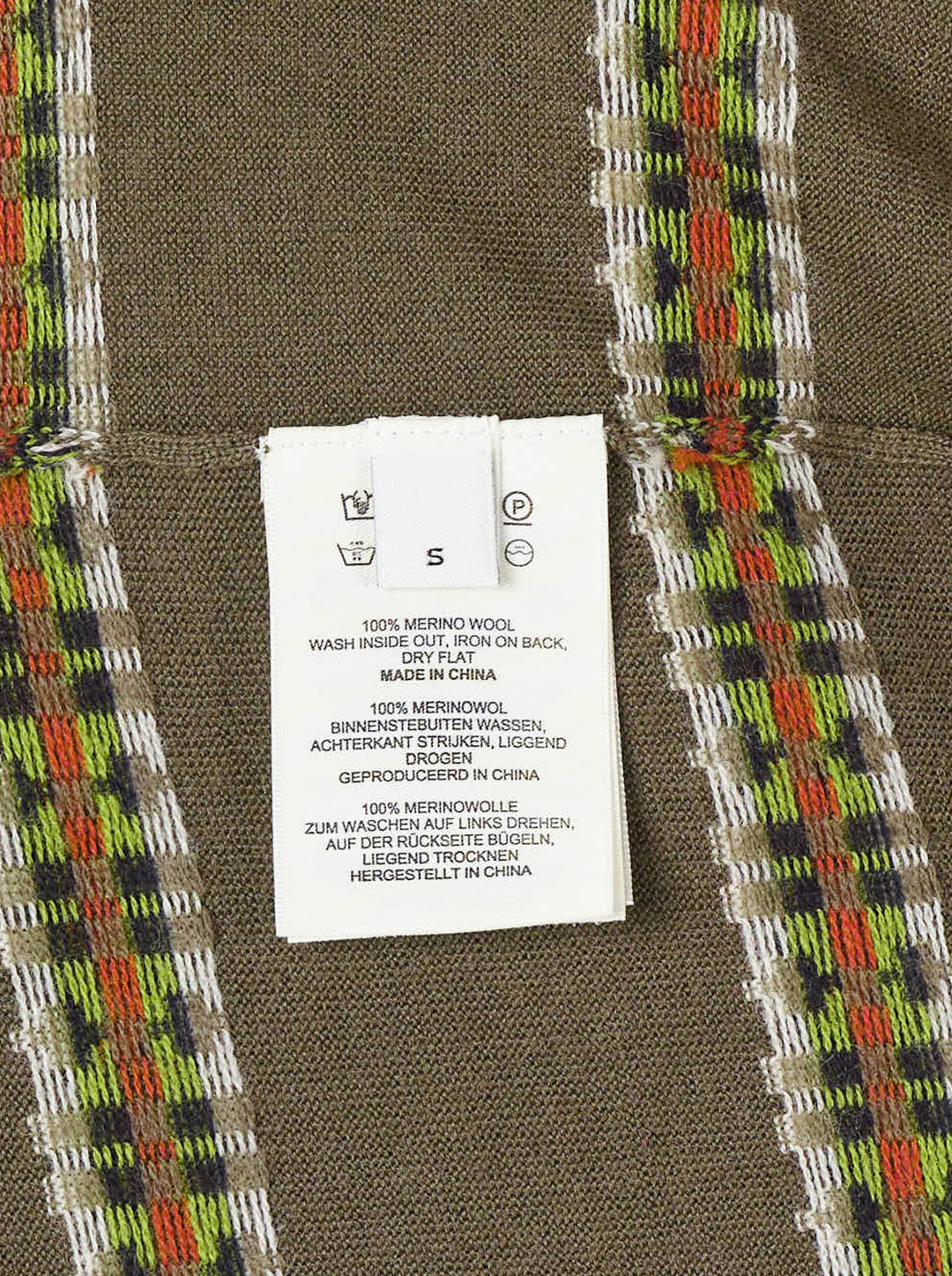 Dries Van Noten olive green long sleeve knit polo with multicolour jacquard stripes and fabric-covered buttons - view 3
