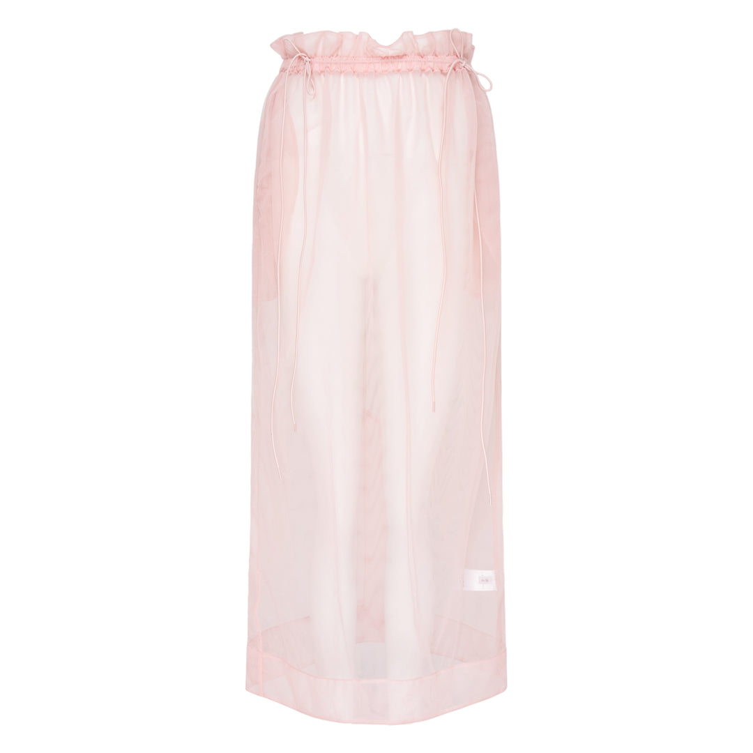 Simone Rocha blush pink sheer organza tulle midi skirt with gathered ruffle waistband and satin drawstring cord ties, front view on white background
