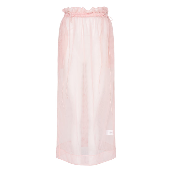 Simone Rocha blush pink sheer organza tulle midi skirt with gathered ruffle waistband and satin drawstring cord ties, front view on white background