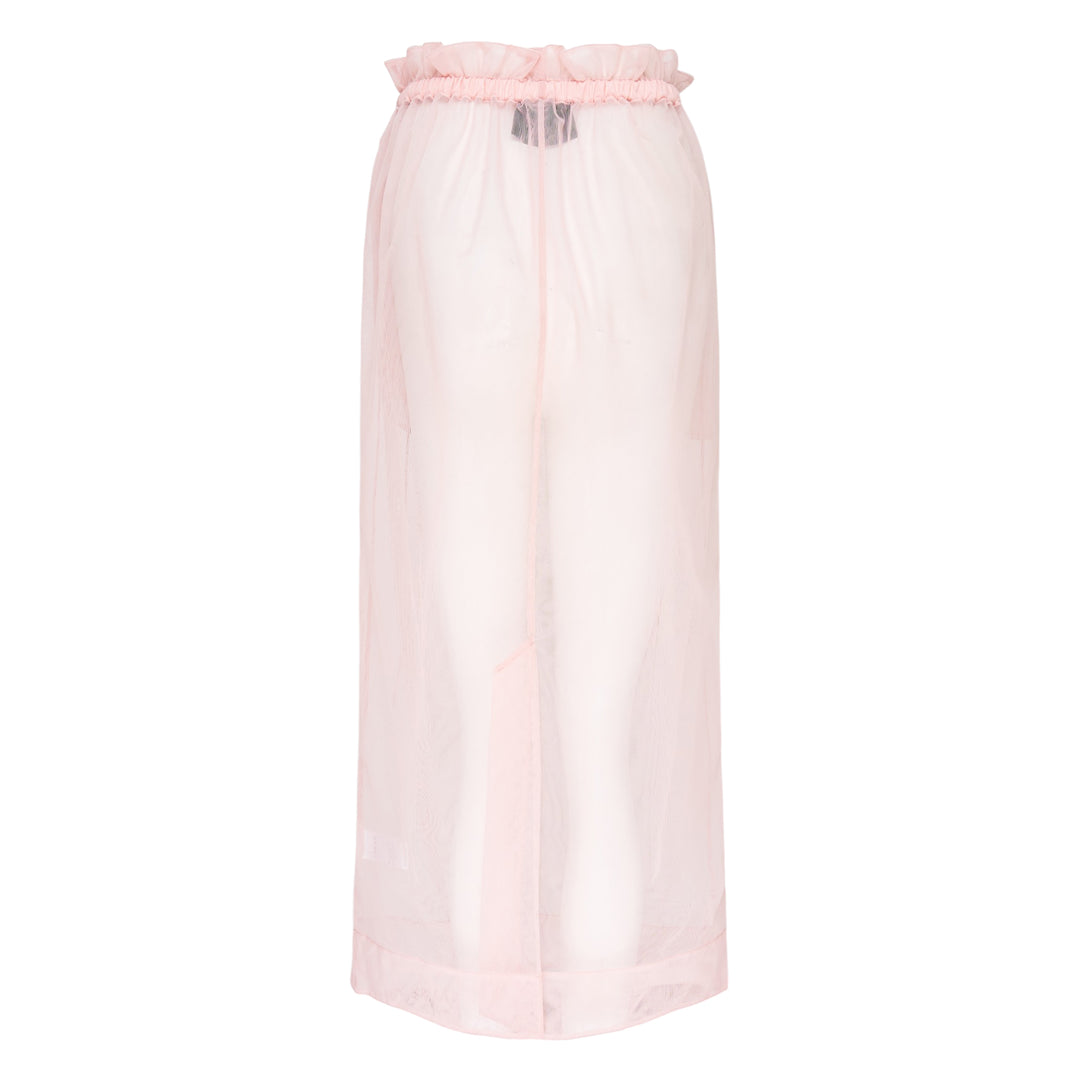 Simone Rocha blush pink sheer organza tulle midi skirt with gathered ruffle waistband and satin drawstring cord ties, front view on white background