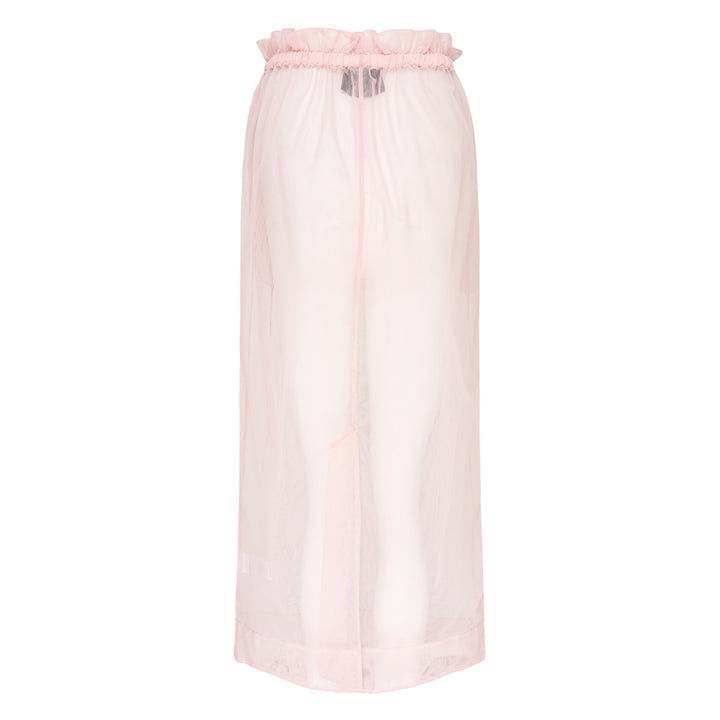 Simone Rocha blush pink sheer organza tulle midi skirt with gathered ruffle waistband and satin drawstring cord ties, front view on white background
