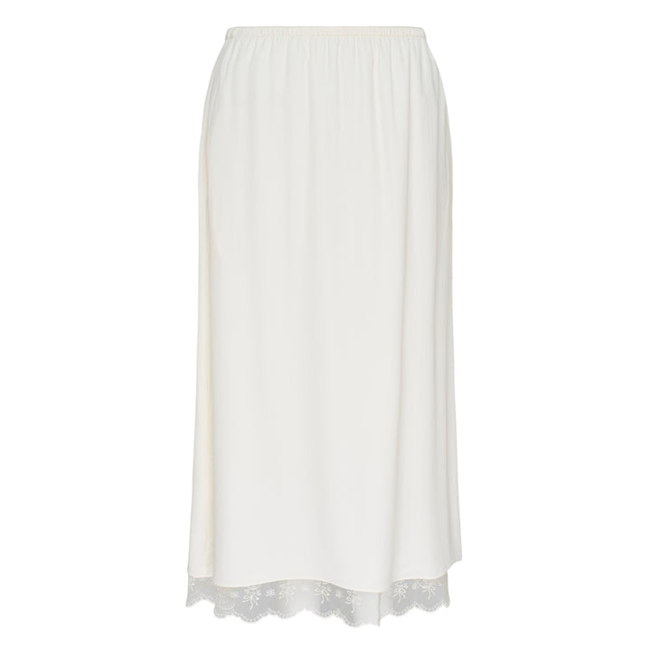 Simone Rocha ivory crepe negligee midi skirt with elasticated waist and floral embroidered lace scalloped hem trim, flat lay on white background
