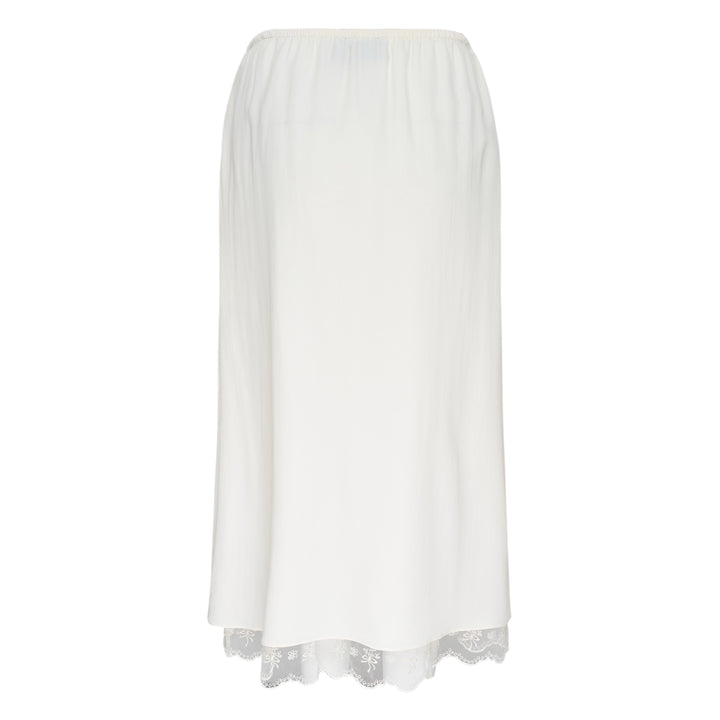 Simone Rocha ivory crepe negligee midi skirt with elasticated waist and floral embroidered lace scalloped hem trim, flat lay on white background