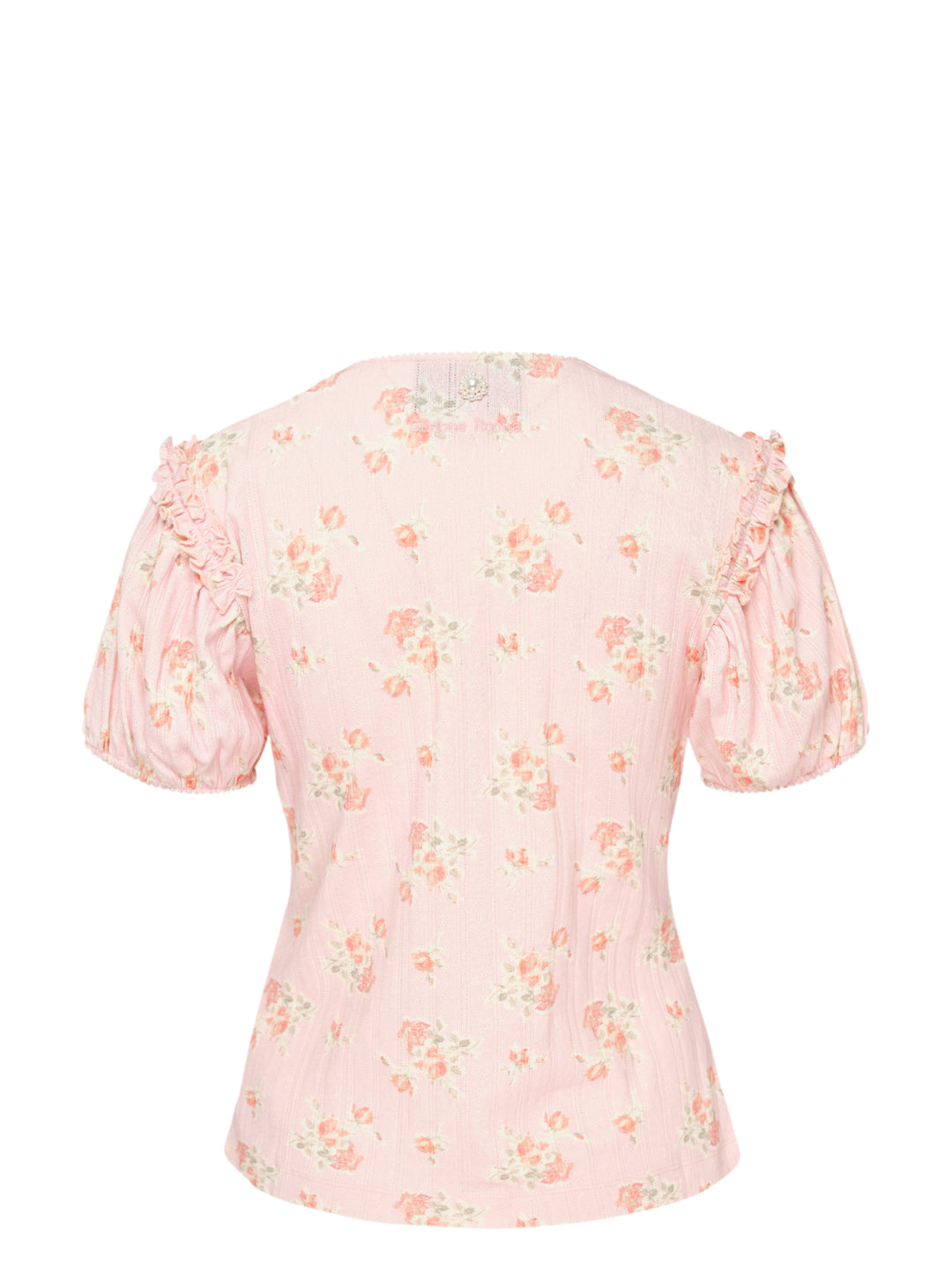 Simone Rocha pink pointelle puff sleeve cardigan with rose floral print, ruffled shoulders and pearly front buttons - view 2
