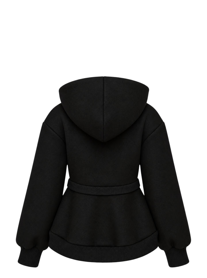 Simone Rocha black hooded zip jacket with cinched waist, ribbed double hem, drawcord hood and zip pockets - view 2