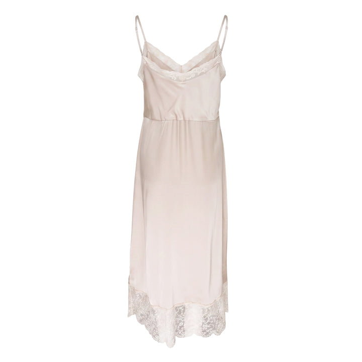 Simone Rocha champagne satin slip dress with floral lace trim at V-neckline and hem, adjustable spaghetti straps and gathered empire seam, midi length on white background
