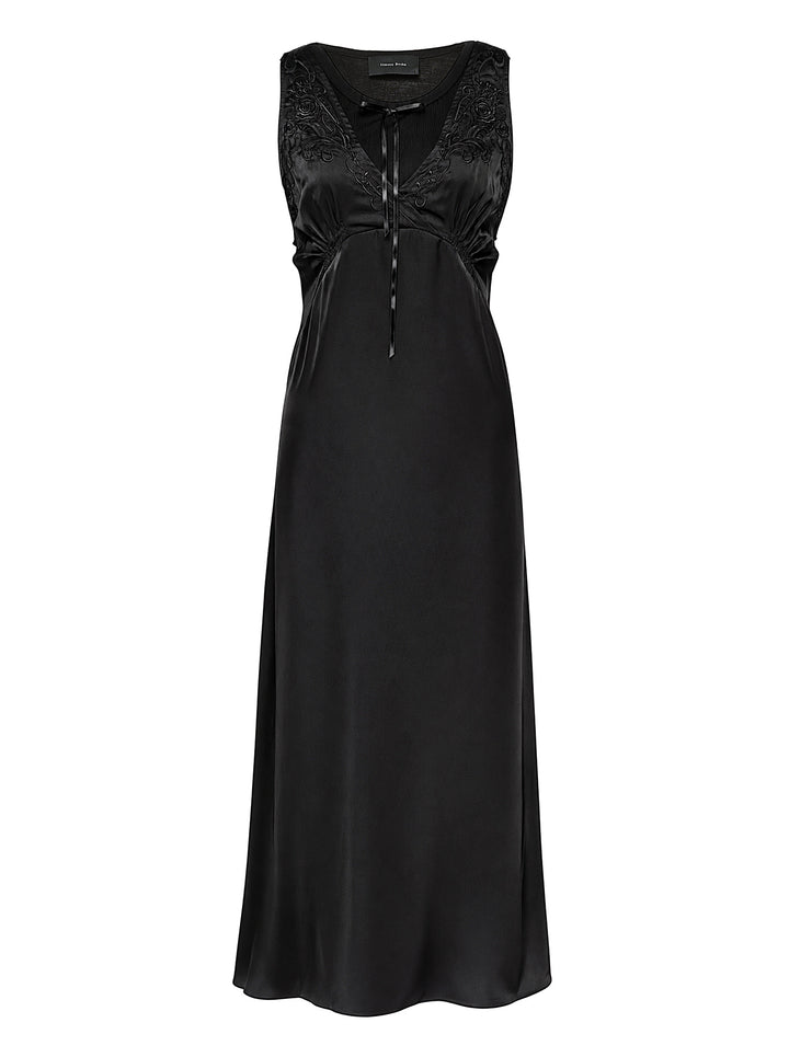 Simone Rocha black patchwork satin negligee dress with embroidered V-neckline, satin ribbon bow and gathered empire waist