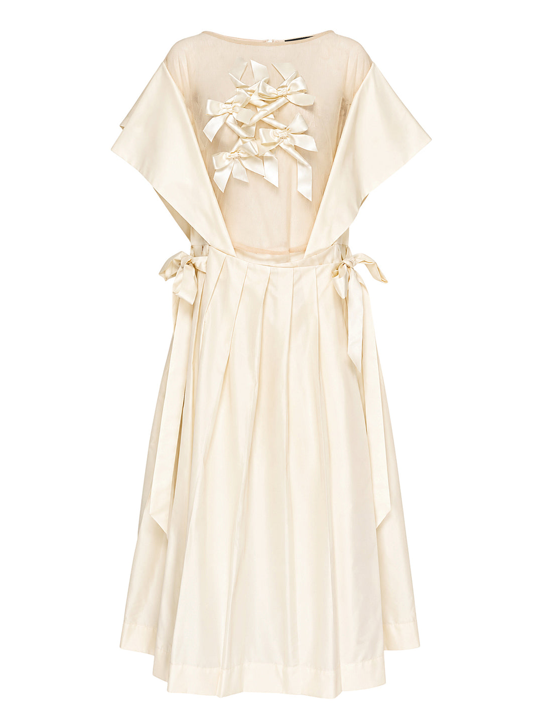 Simone Rocha cream pleated midi dress with sheer tulle bodice, satin bow appliqués at the chest and side waist ties
