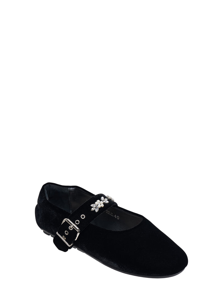 Simone Rocha black velvet Mary Jane ballerina flat with buckled crystal-embellished strap and ridged black sole, side view - view 2