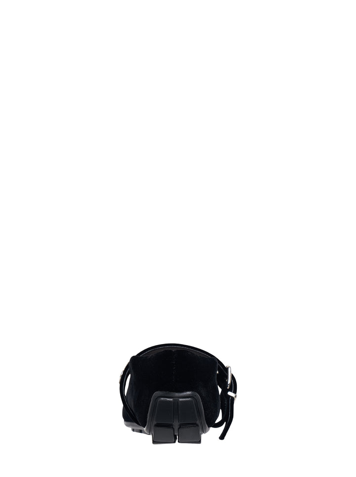 Simone Rocha black velvet Mary Jane ballerina flat with buckled crystal-embellished strap and ridged black sole, side view - view 3