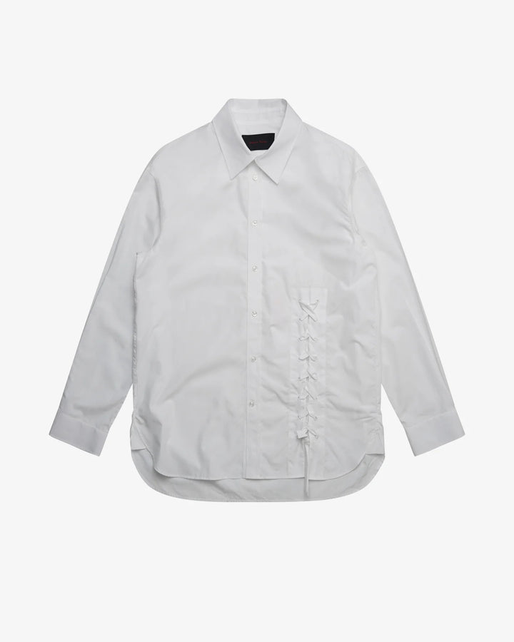 Simone Rocha white cotton Lace Up Hem Easy Shirt with pointed collar, button-through front and corset-style lace-up panel at the hem