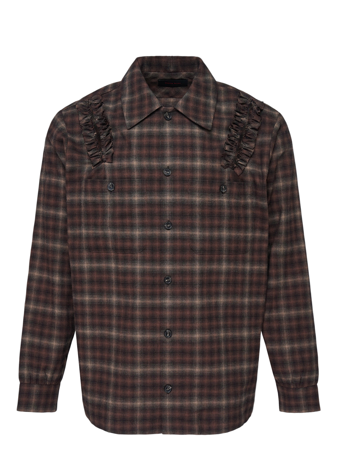 Simone Rocha brown plaid long sleeve flannel shirt with frayed ruffle trims on the shoulders and two chest pockets