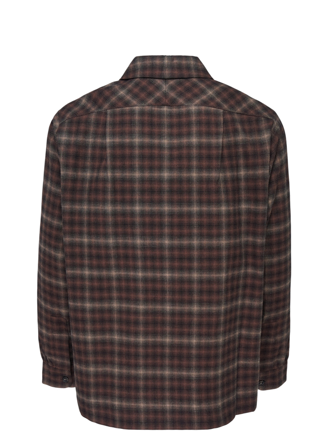 Simone Rocha brown plaid long sleeve flannel shirt with frayed ruffle trims on the shoulders and two chest pockets - view 2