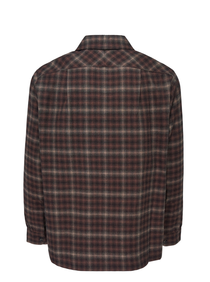 Simone Rocha brown plaid long sleeve flannel shirt with frayed ruffle trims on the shoulders and two chest pockets - view 2