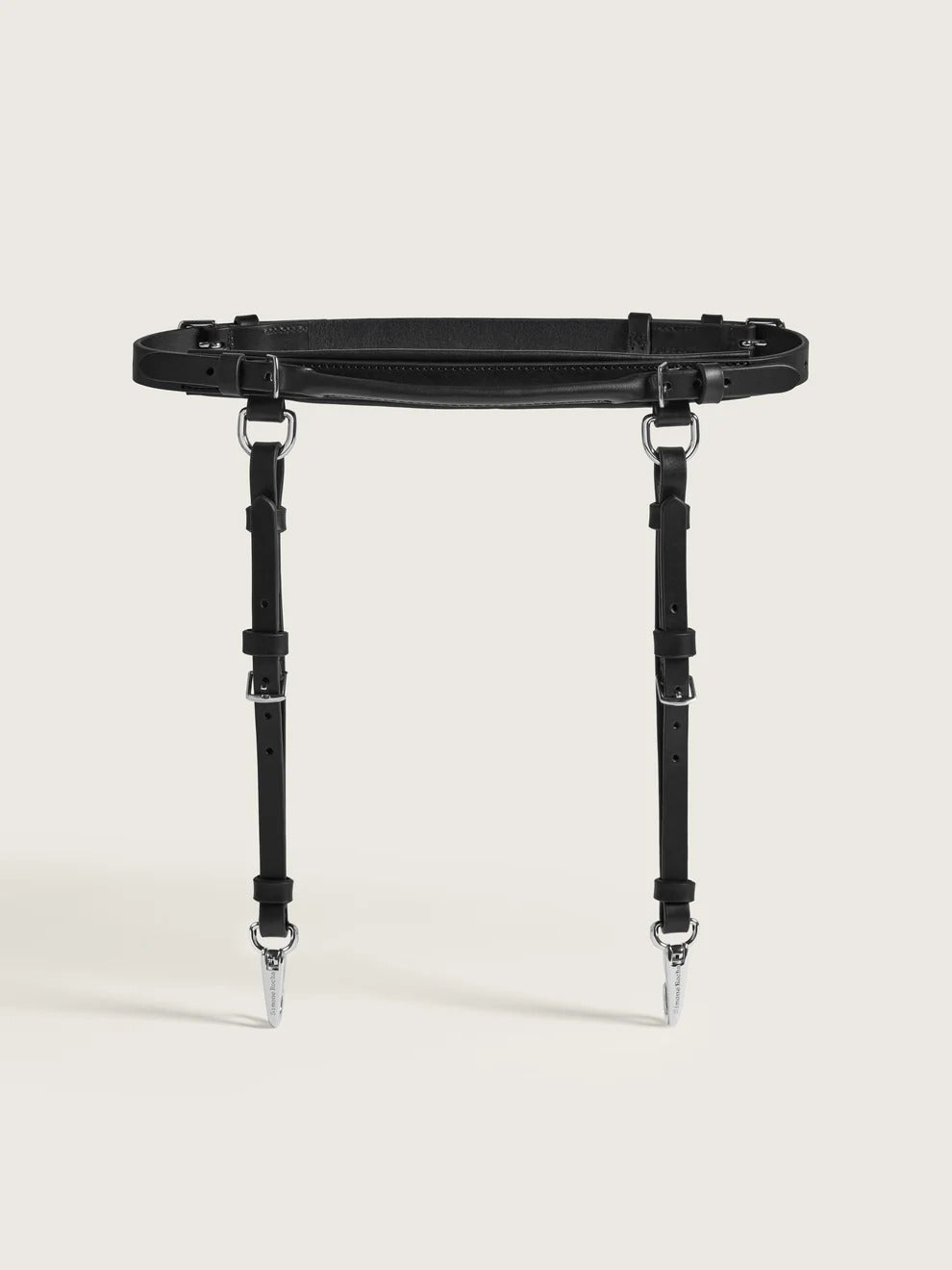 Simone Rocha Double Loop Tassle Bridle Belt in black leather with adjustable buckle straps and silver-tone clip hardware