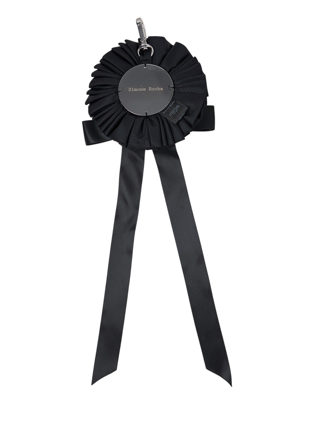 Simone Rocha black ribbon rosette bag charm with pleated ruffles, crystal floral centre, satin bow and long ribbon tails - view 2