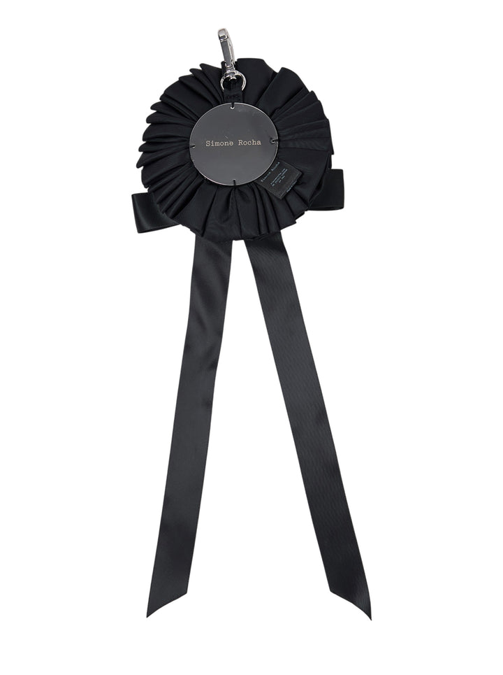 Simone Rocha black ribbon rosette bag charm with pleated ruffles, crystal floral centre, satin bow and long ribbon tails - view 2
