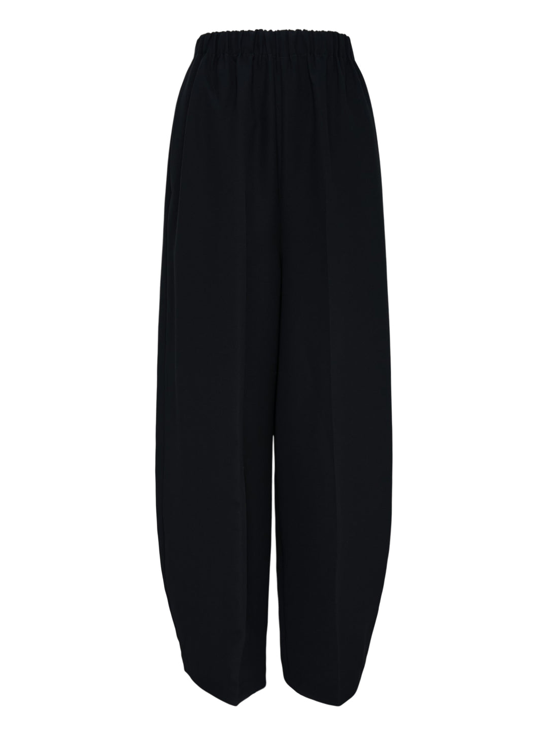 Enfold Straight Cocoon Pants in black — voluminous wide-leg silhouette with gathered elasticated waistband and tapered hem, front view on white background