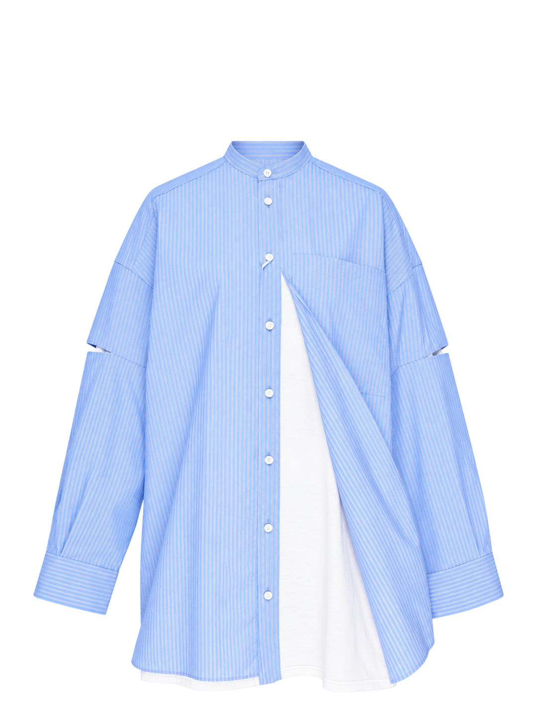 Enfold pale blue pinstripe oversized shirt with deconstructed cut-out sleeves, mandarin collar, white button placket, and a contrast white underlayer at the hem - view 2