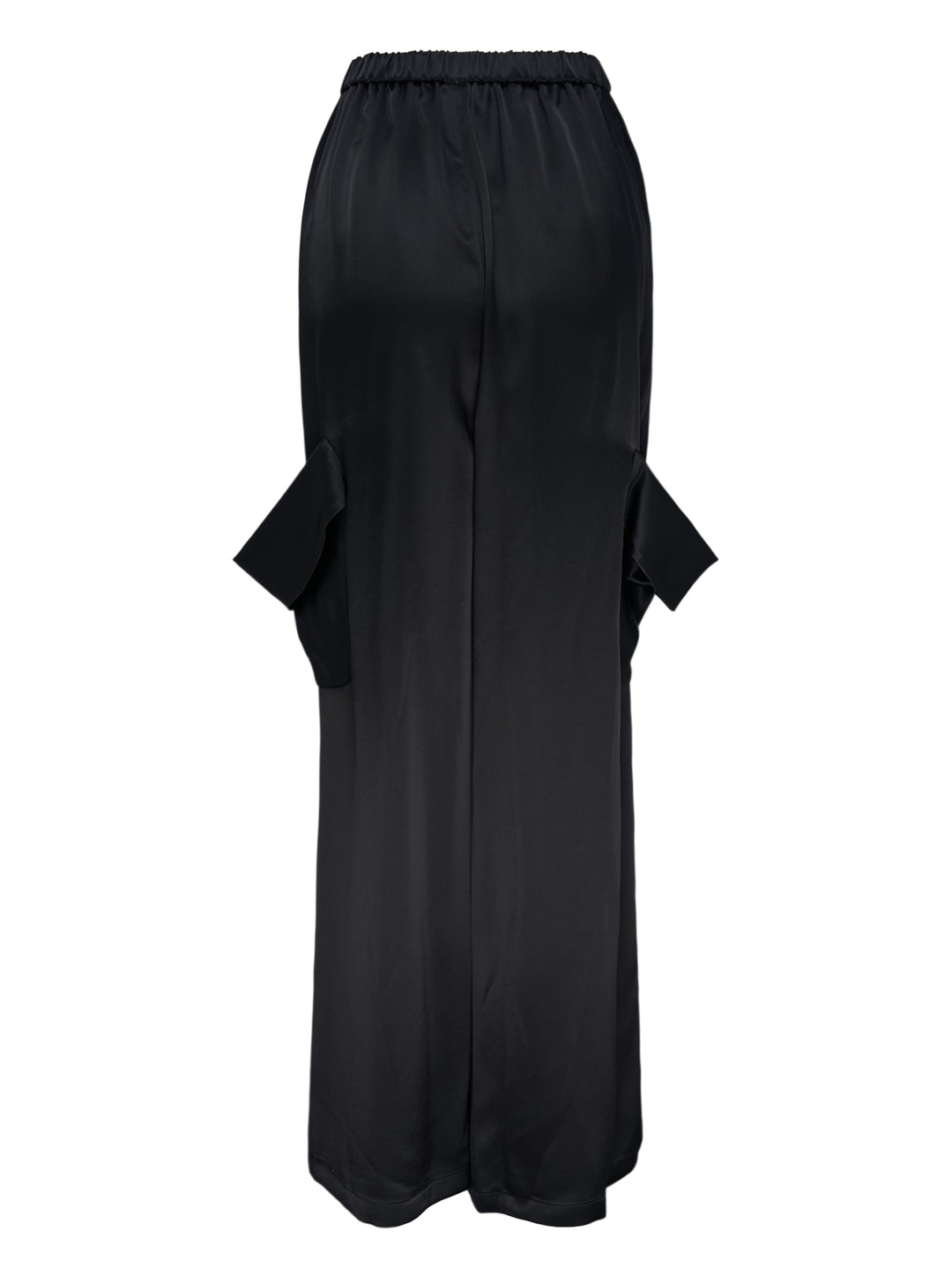 Enfold Draped Pocket Pants in black — wide-leg trousers with sculptural draped hip pockets and elasticated waistband, front view - view 2
