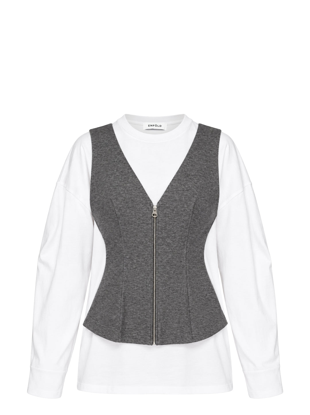 Enfold layered long sleeve tee featuring a white crew-neck underlayer with a structured grey heathered zip-front peplum vest overlay, displayed flat on a white background