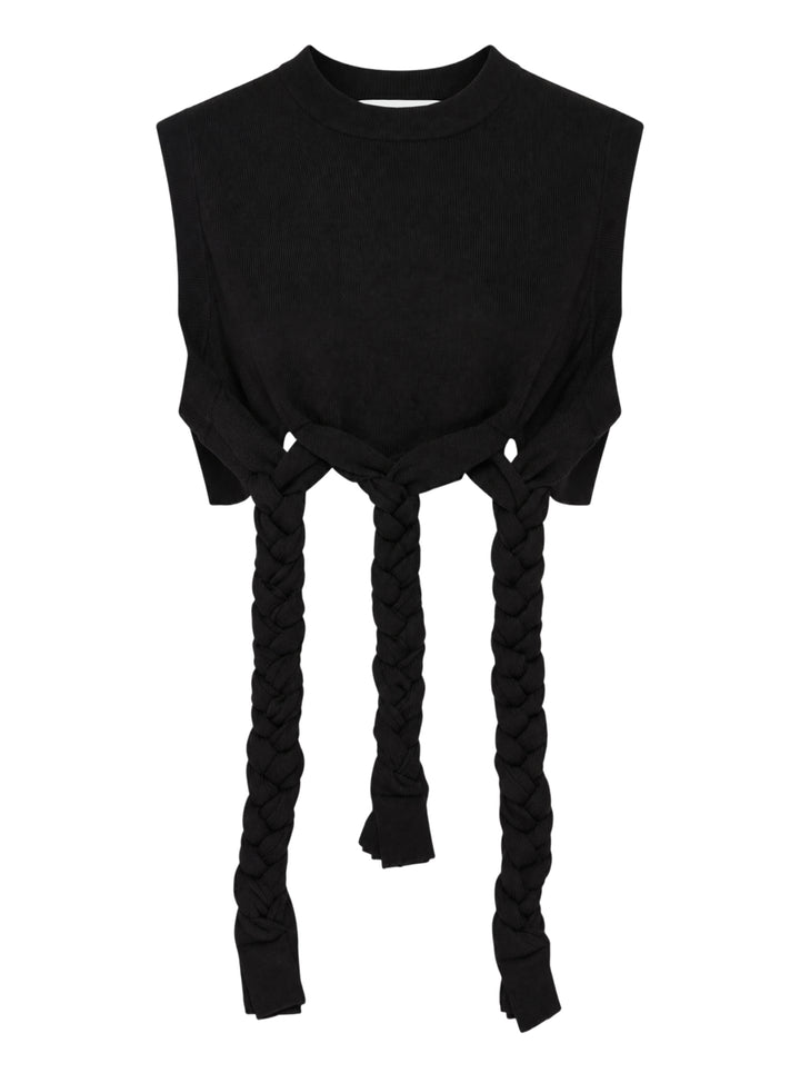 Enfold black ribbed knit cropped sleeveless vest with three braided fabric rope extensions hanging from the deconstructed hem, displayed flat on a white background