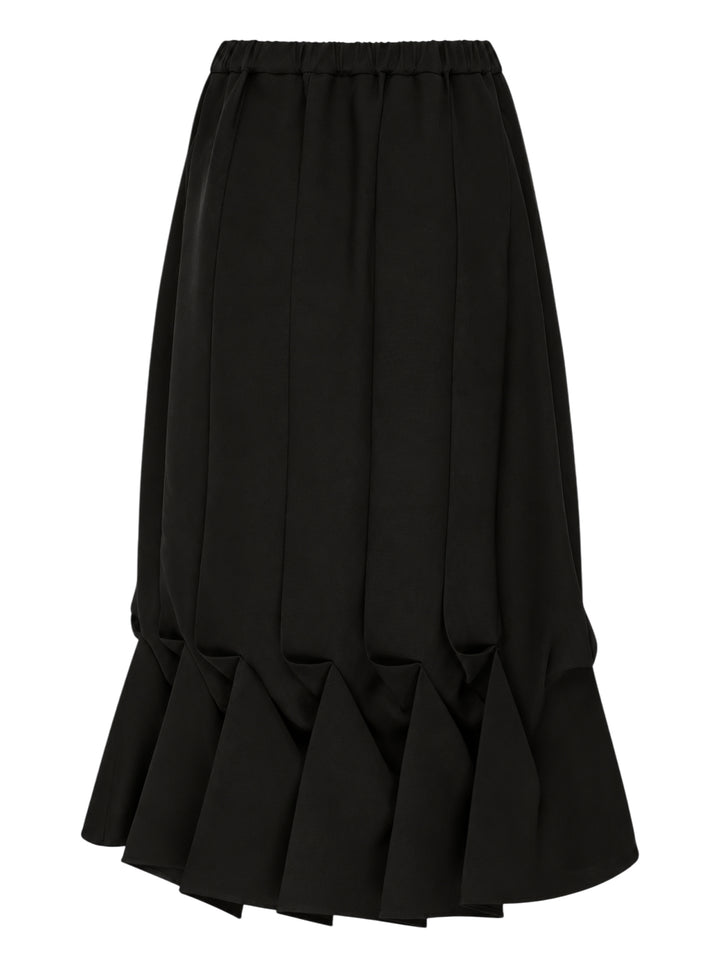 Enfold Draped Hem Midi Skirt in black, featuring vertical pleating, elasticated waistband, and a sculptural gathered ruffle hem, shown on a white background - view 2