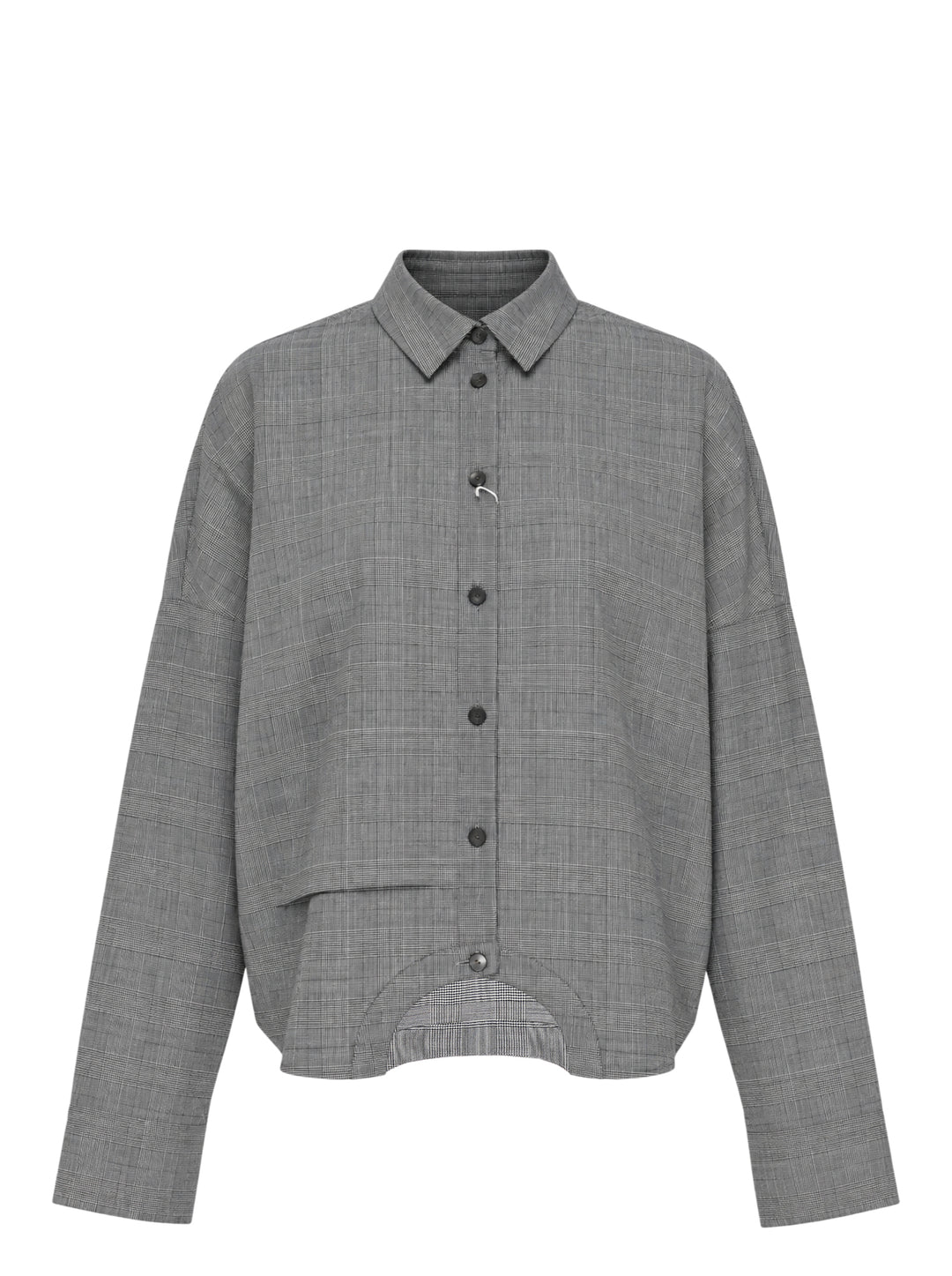 Enfold Checked Symmetry Cropped Shirt in grey glen plaid with a relaxed fit, button-front placket, and a curved structured hem panel