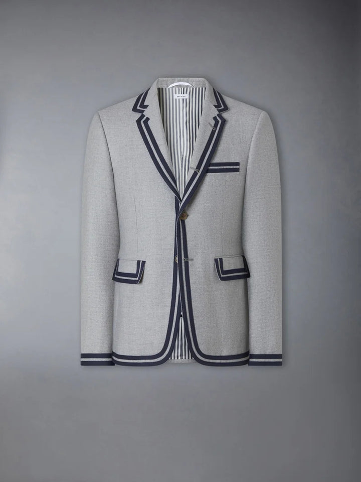 Thom Browne grey single-breasted blazer with navy and grey cricket stripe trim and striped lining
