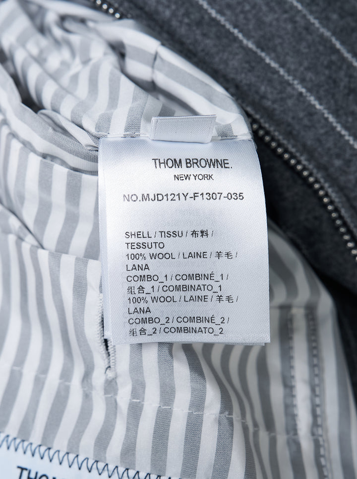 Thom Browne down-filled zip front puffer jacket in patchwork grey flannel and pinstripe with black ribbed knit collar and cuffs - view 3