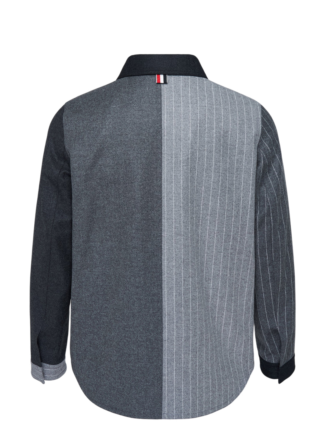 Thom Browne Funmix utility jacket in mixed grey and charcoal pinstripe with contrast patch pockets and snap button front - view 2