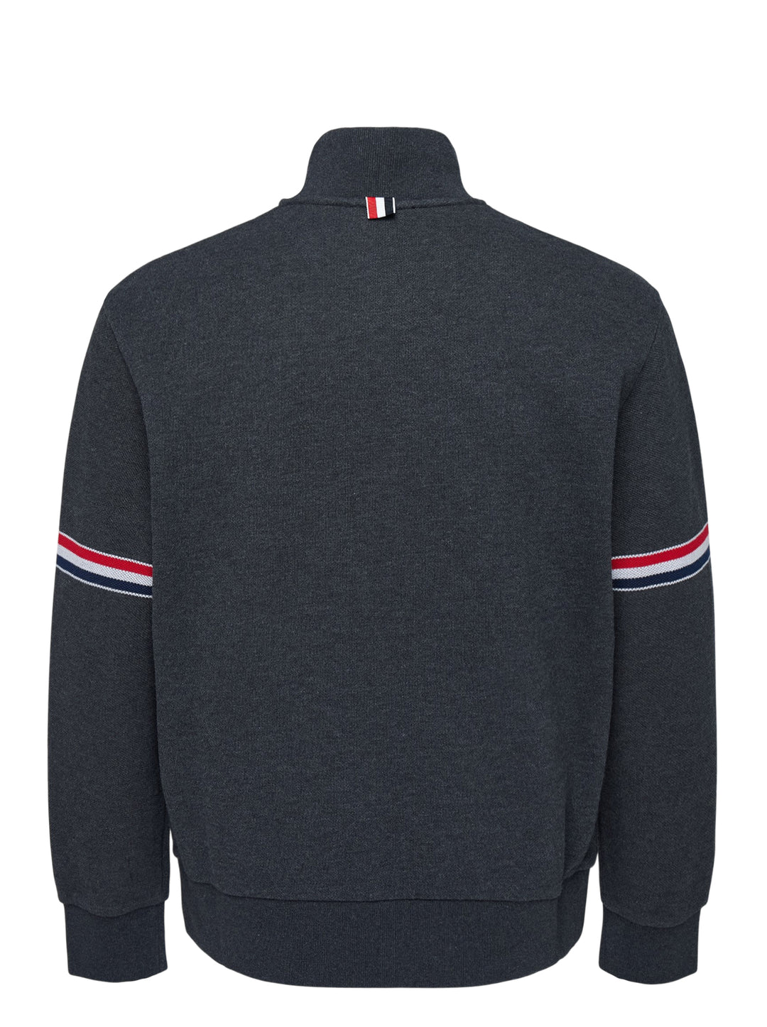 Thom Browne charcoal grey piqué funnel neck pullover with five-button placket, kangaroo pocket and red, white and blue striped sleeves - view 2