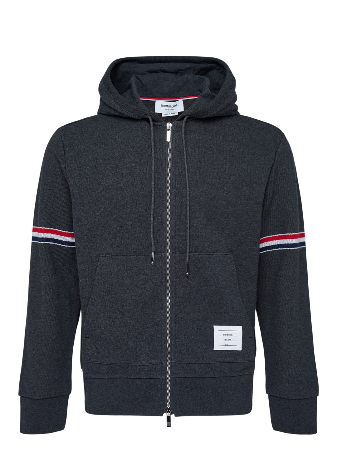 Thom Browne charcoal grey piqué zip-through hoodie with red, white and blue sleeve stripes and drawstring hood