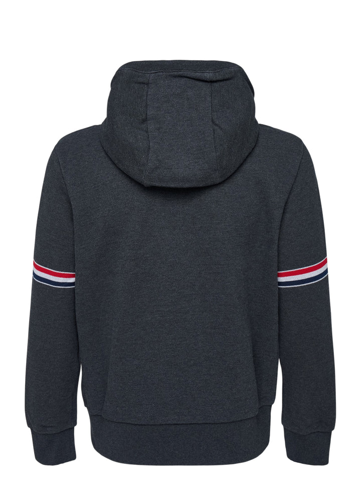 Thom Browne charcoal grey piqué zip-through hoodie with red, white and blue sleeve stripes and drawstring hood - view 2